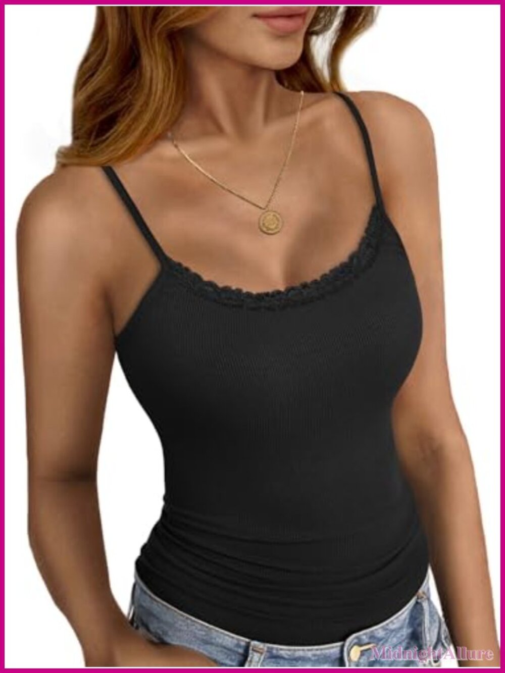 Women's Ribbed Cami Lace Trim Adjustable Straps